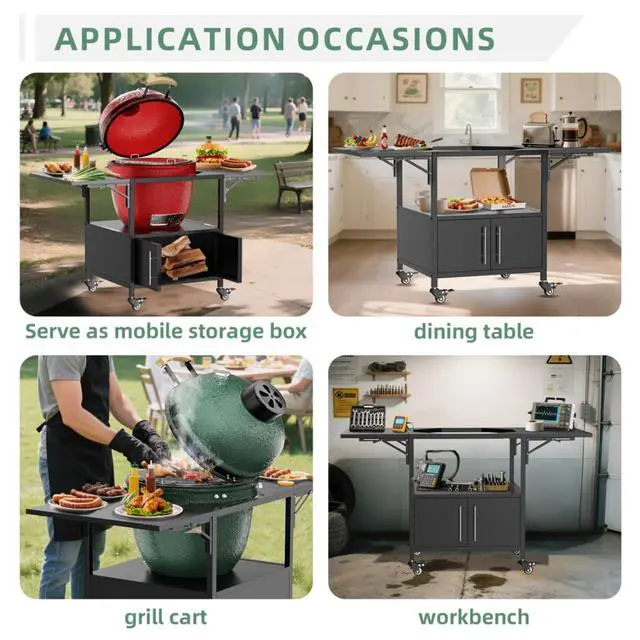 Alt view image 6 of 7 - Kamado Charcoal Grill, Portable Egg-Shaped BBQ Cart Prep Table with Folding Side Desktop & Storage Cabinet, Outdoor Cooking Grill on Wheels with Brakes for Backyard Patio Camping Tailgating (Black)