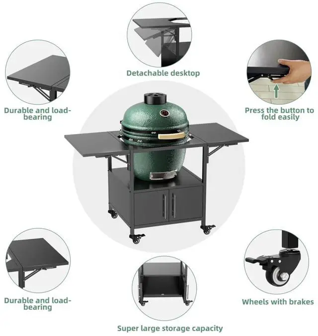 Alt view image 7 of 7 - Kamado Charcoal Grill, Portable Egg-Shaped BBQ Cart Prep Table with Folding Side Desktop & Storage Cabinet, Outdoor Cooking Grill on Wheels with Brakes for Backyard Patio Camping Tailgating (Black)