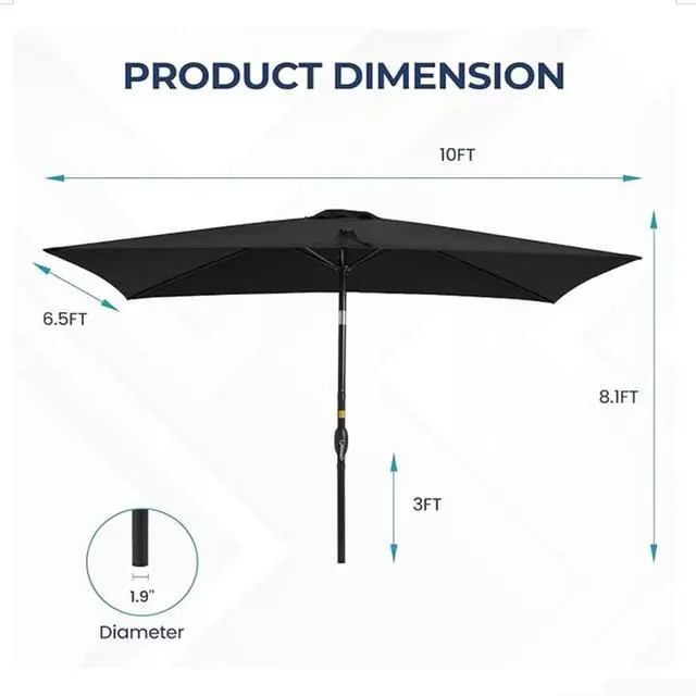 Alt view image 3 of 7 - Spacious 6.5x10 ft Rectangular Patio Umbrella with Smooth Crank & Tilt Adjustment for Backyard and Garden Shading, Generous Shade Outdoor Umbrella with Single Top Vent for Commercial Use