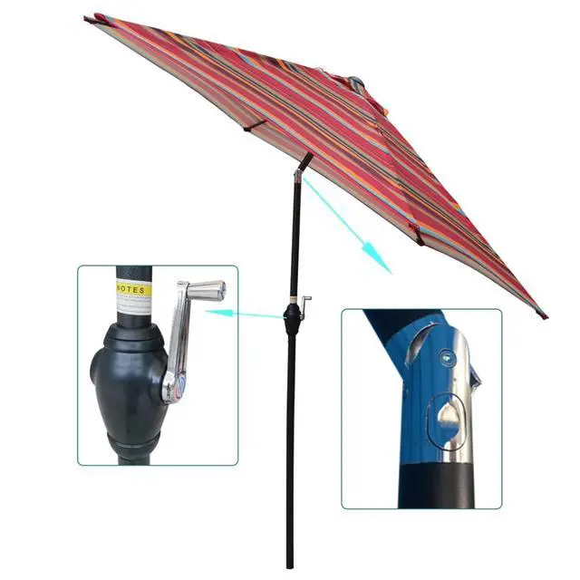 Alt view image 4 of 6 - Durable Outdoor Umbrella with Push Button Tilt and Crank Lift for Patio and Garden, Sturdy Market Parasol with 6 Steel Ribs and Wind Vent for Backyard, Poolside and Beach