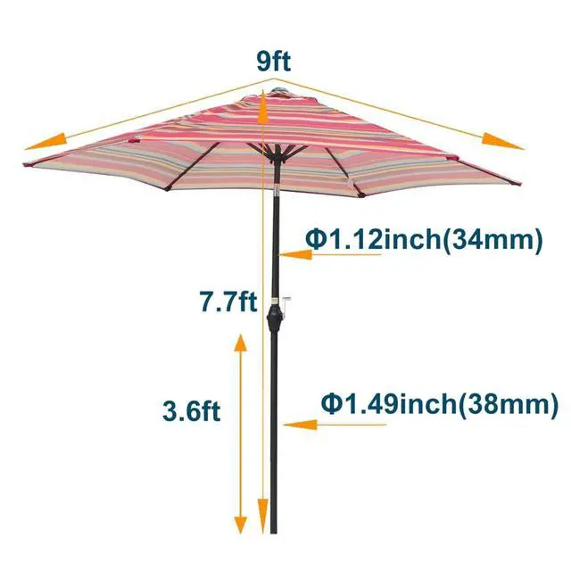 Alt view image 6 of 6 - Durable Outdoor Umbrella with Push Button Tilt and Crank Lift for Patio and Garden, Sturdy Market Parasol with 6 Steel Ribs and Wind Vent for Backyard, Poolside and Beach