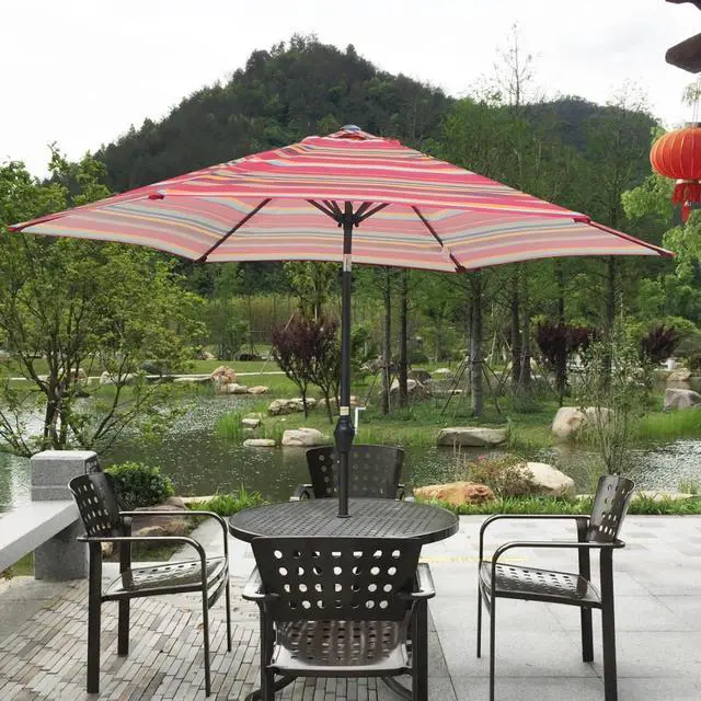 Alt view image 5 of 6 - Durable Outdoor Umbrella with Push Button Tilt and Crank Lift for Patio and Garden, Sturdy Market Parasol with 6 Steel Ribs and Wind Vent for Backyard, Poolside and Beach