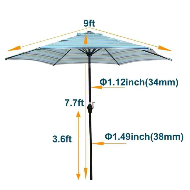 Alt view image 6 of 6 - Durable Outdoor Umbrella with Push Button Tilt and Crank Lift for Patio and Garden, Sturdy Market Parasol with 6 Steel Ribs and Wind Vent for Backyard, Poolside and Beach