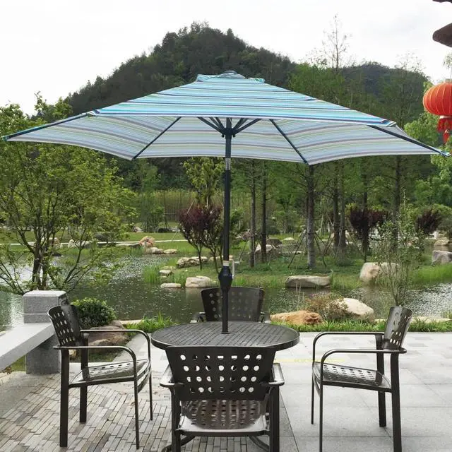 Alt view image 5 of 6 - Durable Outdoor Umbrella with Push Button Tilt and Crank Lift for Patio and Garden, Sturdy Market Parasol with 6 Steel Ribs and Wind Vent for Backyard, Poolside and Beach