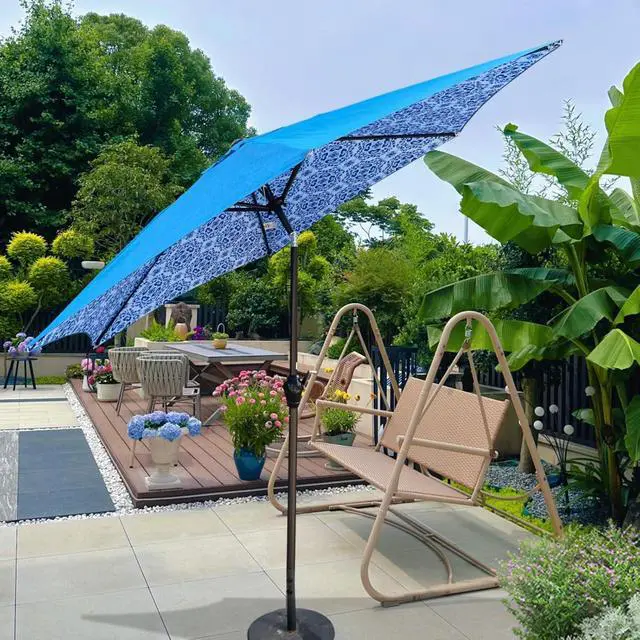 Alt view image 2 of 7 - Durable Outdoor Umbrella with Push Button Tilt and Crank Lift for Patio and Garden, Sturdy Market Parasol with 6 Steel Ribs and Wind Vent for Backyard, Poolside and Beach