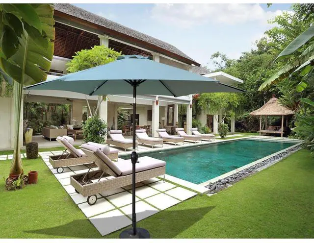 Main image of Durable Outdoor Umbrella with Push Button Tilt and Crank Lift for Patio and Garden, Sturdy Market Parasol with 6 Steel Ribs and Wind Vent for Backyard, Poolside and Beach