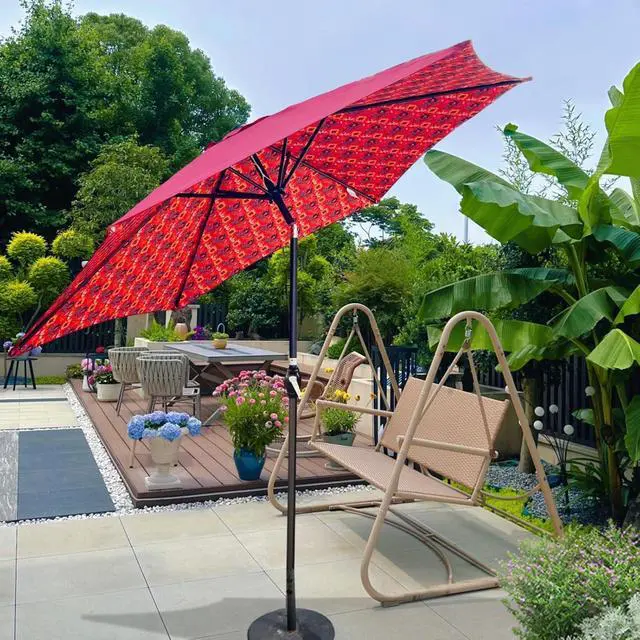 Alt view image 2 of 7 - Durable Outdoor Umbrella with Push Button Tilt and Crank Lift for Patio and Garden, Sturdy Market Parasol with 6 Steel Ribs and Wind Vent for Backyard, Poolside and Beach
