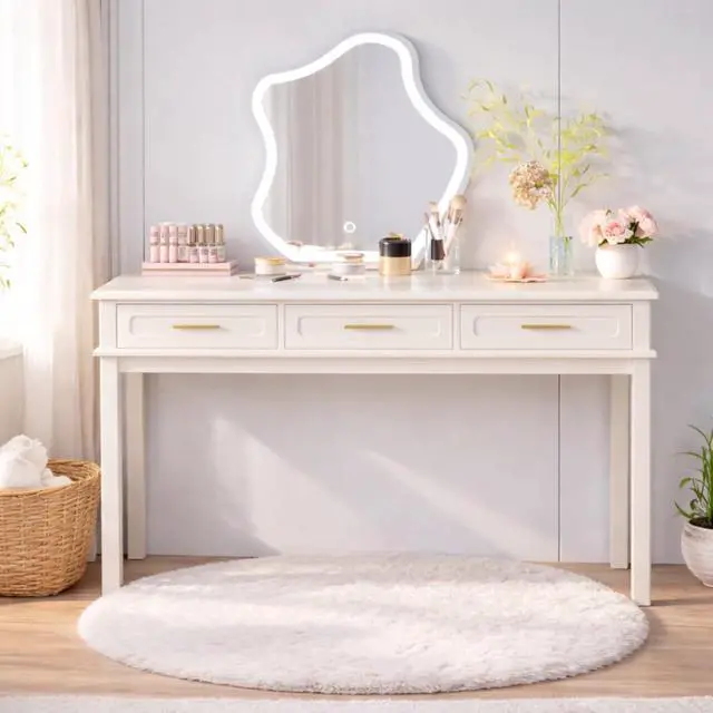Alt view image 2 of 7 - Modern Vanity Desk Makeup Dressing Table w/3 Drawers &Spacious Tabletop for Girls, Solid Wood Writing Desk Workstation w/Ample Leg Room for Bedroom,No Mirror Included,Cream White (Vanity Table)