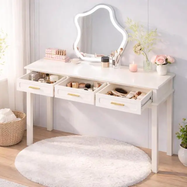 Alt view image 3 of 7 - Modern Vanity Desk Makeup Dressing Table w/3 Drawers &Spacious Tabletop for Girls, Solid Wood Writing Desk Workstation w/Ample Leg Room for Bedroom,No Mirror Included,Cream White (Vanity Table)