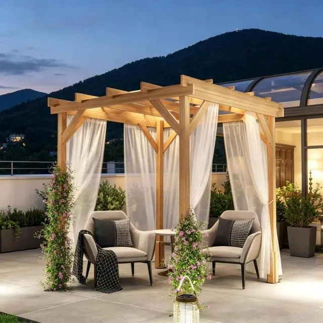 Alt view image 4 of 7 - Wooden Pergola Outdoor Gazebo, Outdoor Garden Arbor with Open Lattice Roof, Grape Trellis Patio Shade for Climbing Plants Backyard Deck Lawn Relaxation (Brown6.6' x 6.6')