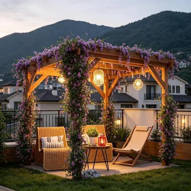 Alt view image 5 of 7 - Wooden Pergola Outdoor Gazebo, Outdoor Garden Arbor with Open Lattice Roof, Grape Trellis Patio Shade for Climbing Plants Backyard Deck Lawn Relaxation (Brown6.6' x 6.6')