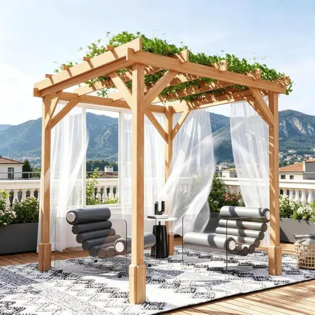 Alt view image 2 of 7 - Wooden Pergola Outdoor Gazebo, Outdoor Garden Arbor with Open Lattice Roof, Grape Trellis Patio Shade for Climbing Plants Backyard Deck Lawn Relaxation (Brown6.6' x 6.6')