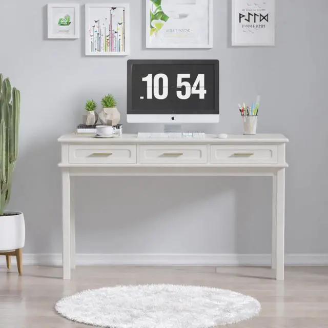 Alt view image 4 of 7 - Modern Vanity Desk Makeup Dressing Table w/3 Drawers &Spacious Tabletop for Girls, Solid Wood Writing Desk Workstation w/Ample Leg Room for Bedroom,No Mirror Included,Cream White (Vanity Table)