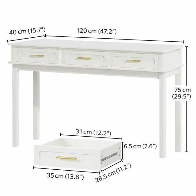 Alt view image 5 of 7 - Modern Vanity Desk Makeup Dressing Table w/3 Drawers &Spacious Tabletop for Girls, Solid Wood Writing Desk Workstation w/Ample Leg Room for Bedroom,No Mirror Included,Cream White (Vanity Table)
