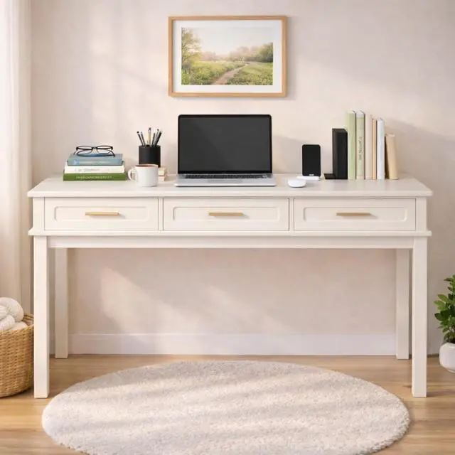 Alt view image 6 of 7 - Modern Vanity Desk Makeup Dressing Table w/3 Drawers &Spacious Tabletop for Girls, Solid Wood Writing Desk Workstation w/Ample Leg Room for Bedroom,No Mirror Included,Cream White (Vanity Table)
