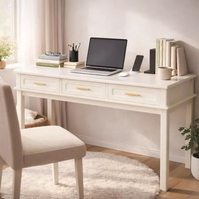 Alt view image 7 of 7 - Modern Vanity Desk Makeup Dressing Table w/3 Drawers &Spacious Tabletop for Girls, Solid Wood Writing Desk Workstation w/Ample Leg Room for Bedroom,No Mirror Included,Cream White (Vanity Table)