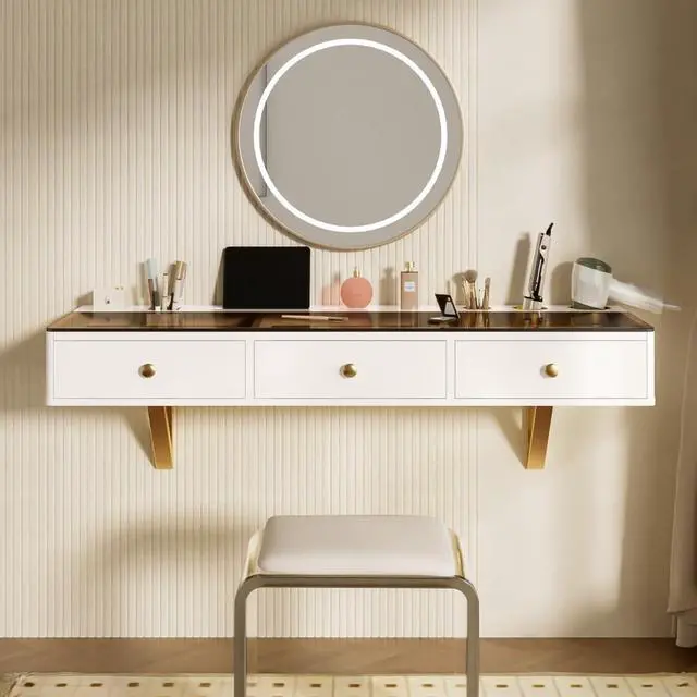 Alt view image 2 of 7 - Compact Wall-Mounted Vanity Table, Modern Dressing Table with 3 Drawers, Bedroom Floating Shelf Makeup Desk with Spacious Desktop, Gifts Suitable for Women and Girls