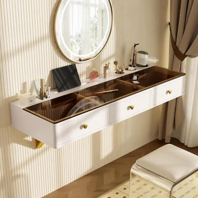 Main image of Compact Wall-Mounted Vanity Table, Modern Dressing Table with 3 Drawers, Bedroom Floating Shelf Makeup Desk with Spacious Desktop, Gifts Suitable for Women and Girls