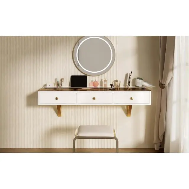 Alt view image 5 of 7 - Compact Wall-Mounted Vanity Table, Modern Dressing Table with 3 Drawers, Bedroom Floating Shelf Makeup Desk with Spacious Desktop, Gifts Suitable for Women and Girls