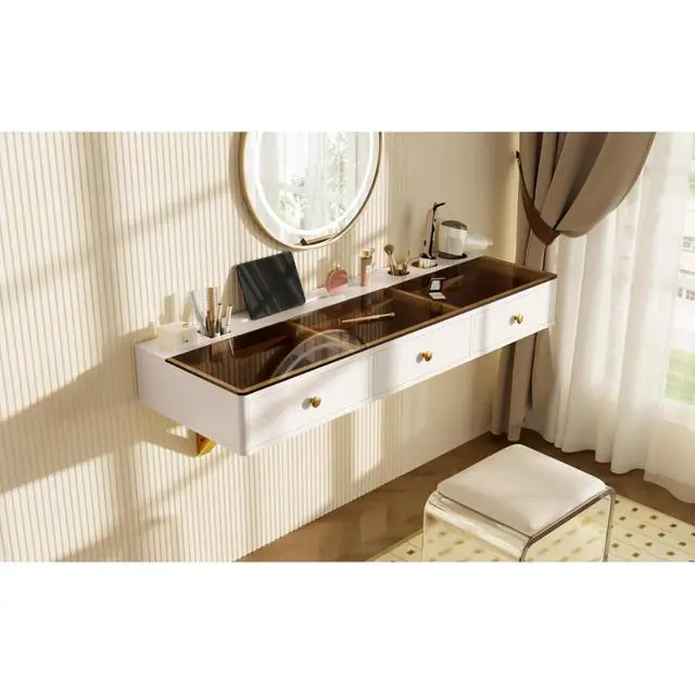 Alt view image 6 of 7 - Compact Wall-Mounted Vanity Table, Modern Dressing Table with 3 Drawers, Bedroom Floating Shelf Makeup Desk with Spacious Desktop, Gifts Suitable for Women and Girls