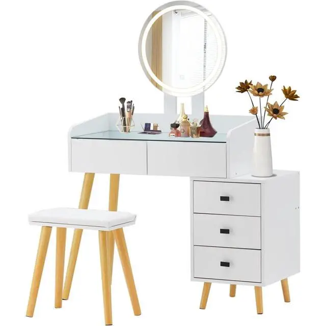 Alt view image 2 of 2 - Freestanding Vanity Desk Set with Drawers & Storage Shelves for Bedroom, Modern Makeup Vanity Table with Large Mirror and 3 Adjustable Brightness LED Bulbs for Girl's Gift, White (White5)
