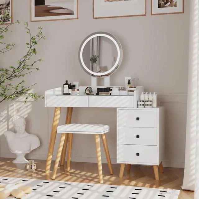Main image of Freestanding Vanity Desk Set with Drawers & Storage Shelves for Bedroom, Modern Makeup Vanity Table with Large Mirror and 3 Adjustable Brightness LED Bulbs for Girl's Gift, White (White5)