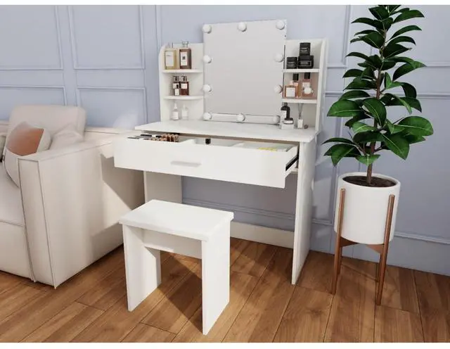 Main image of Freestanding Vanity Desk Set with Drawers & Storage Shelves for Bedroom, Modern Makeup Vanity Table with Large Mirror and 3 Adjustable Brightness LED Bulbs for Girl's Gift, White (White4)