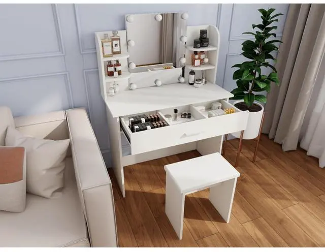 Alt view image 3 of 7 - Freestanding Vanity Desk Set with Drawers & Storage Shelves for Bedroom, Modern Makeup Vanity Table with Large Mirror and 3 Adjustable Brightness LED Bulbs for Girl's Gift, White (White4)