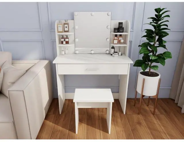 Alt view image 2 of 7 - Freestanding Vanity Desk Set with Drawers & Storage Shelves for Bedroom, Modern Makeup Vanity Table with Large Mirror and 3 Adjustable Brightness LED Bulbs for Girl's Gift, White (White4)