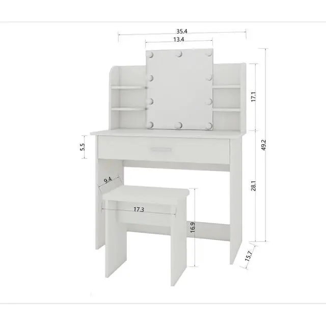 Alt view image 4 of 7 - Freestanding Vanity Desk Set with Drawers & Storage Shelves for Bedroom, Modern Makeup Vanity Table with Large Mirror and 3 Adjustable Brightness LED Bulbs for Girl's Gift, White (White4)