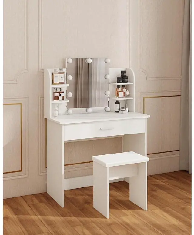 Alt view image 6 of 7 - Freestanding Vanity Desk Set with Drawers & Storage Shelves for Bedroom, Modern Makeup Vanity Table with Large Mirror and 3 Adjustable Brightness LED Bulbs for Girl's Gift, White (White4)