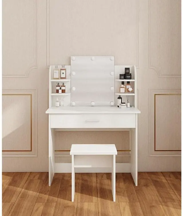 Alt view image 7 of 7 - Freestanding Vanity Desk Set with Drawers & Storage Shelves for Bedroom, Modern Makeup Vanity Table with Large Mirror and 3 Adjustable Brightness LED Bulbs for Girl's Gift, White (White4)
