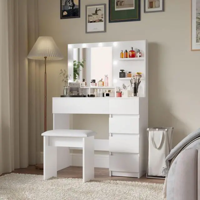 Alt view image 3 of 7 - Freestanding Vanity Desk Set with Drawers & Storage Shelves for Bedroom, Modern Makeup Vanity Table with Large Mirror and 3 Adjustable Brightness LED Bulbs for Girl's Gift, White (White3)