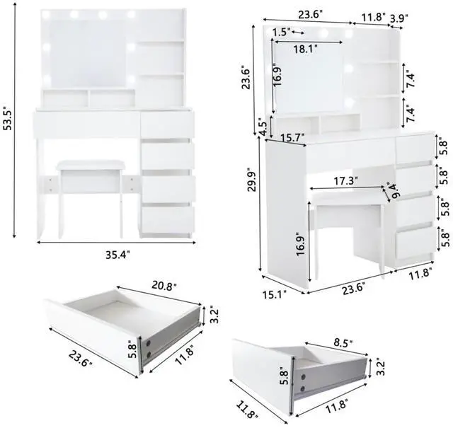 Alt view image 4 of 7 - Freestanding Vanity Desk Set with Drawers & Storage Shelves for Bedroom, Modern Makeup Vanity Table with Large Mirror and 3 Adjustable Brightness LED Bulbs for Girl's Gift, White (White3)