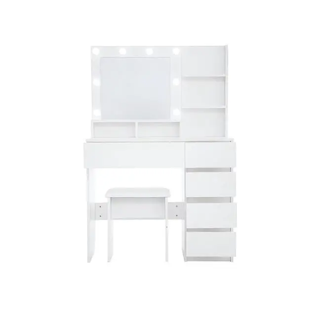 Alt view image 5 of 7 - Freestanding Vanity Desk Set with Drawers & Storage Shelves for Bedroom, Modern Makeup Vanity Table with Large Mirror and 3 Adjustable Brightness LED Bulbs for Girl's Gift, White (White3)