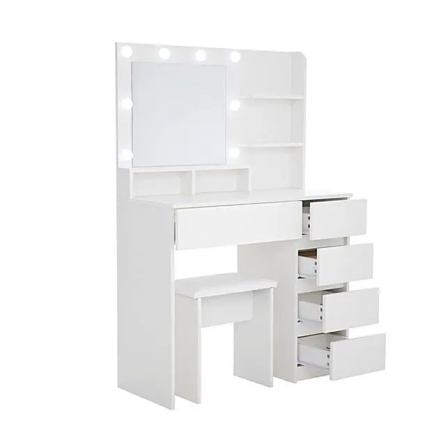 Alt view image 6 of 7 - Freestanding Vanity Desk Set with Drawers & Storage Shelves for Bedroom, Modern Makeup Vanity Table with Large Mirror and 3 Adjustable Brightness LED Bulbs for Girl's Gift, White (White3)