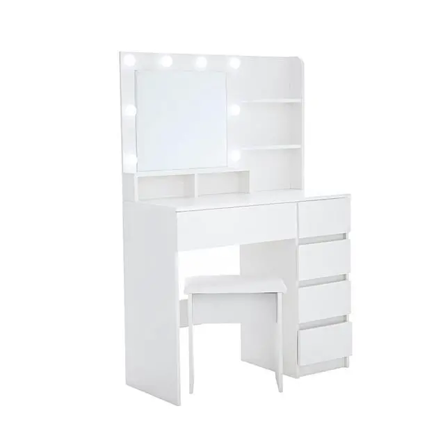 Alt view image 7 of 7 - Freestanding Vanity Desk Set with Drawers & Storage Shelves for Bedroom, Modern Makeup Vanity Table with Large Mirror and 3 Adjustable Brightness LED Bulbs for Girl's Gift, White (White3)