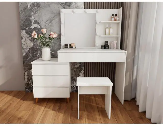 Main image of Freestanding Vanity Desk Set with Drawers & Storage Shelves for Bedroom, Modern Makeup Vanity Table with Large Mirror and 3 Adjustable Brightness LED Bulbs for Girl's Gift, White (White6)