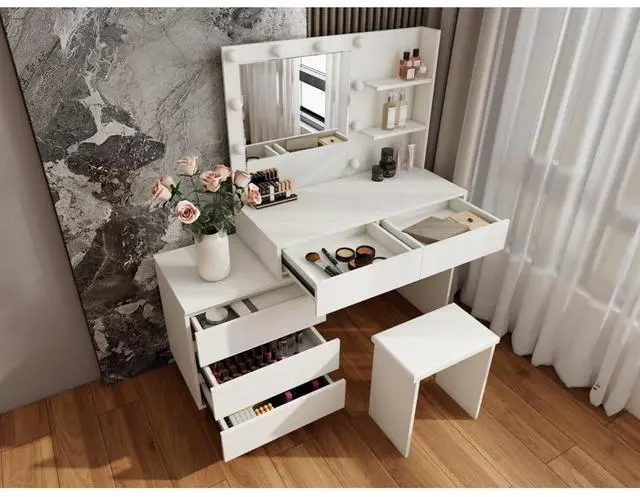 Alt view image 2 of 5 - Freestanding Vanity Desk Set with Drawers & Storage Shelves for Bedroom, Modern Makeup Vanity Table with Large Mirror and 3 Adjustable Brightness LED Bulbs for Girl's Gift, White (White6)