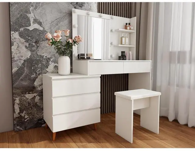 Alt view image 3 of 5 - Freestanding Vanity Desk Set with Drawers & Storage Shelves for Bedroom, Modern Makeup Vanity Table with Large Mirror and 3 Adjustable Brightness LED Bulbs for Girl's Gift, White (White6)