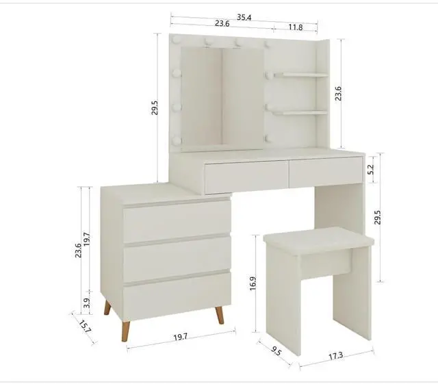 Alt view image 5 of 5 - Freestanding Vanity Desk Set with Drawers & Storage Shelves for Bedroom, Modern Makeup Vanity Table with Large Mirror and 3 Adjustable Brightness LED Bulbs for Girl's Gift, White (White6)