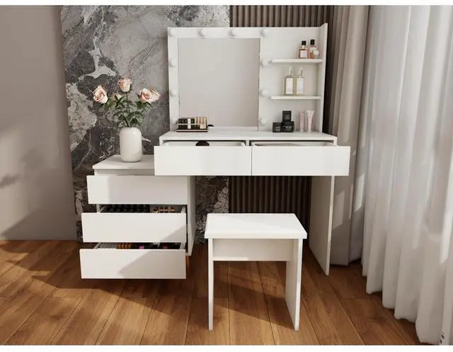 Alt view image 4 of 5 - Freestanding Vanity Desk Set with Drawers & Storage Shelves for Bedroom, Modern Makeup Vanity Table with Large Mirror and 3 Adjustable Brightness LED Bulbs for Girl's Gift, White (White6)