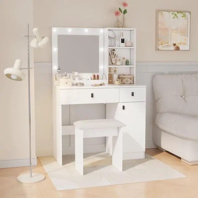 Alt view image 3 of 7 - Freestanding Vanity Desk Set with Drawers & Storage Shelves for Bedroom, Modern Makeup Vanity Table with Large Mirror and 3 Adjustable Brightness LED Bulbs for Girl's Gift, White (White2)