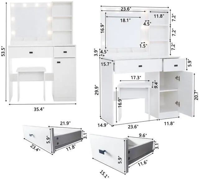 Alt view image 4 of 7 - Freestanding Vanity Desk Set with Drawers & Storage Shelves for Bedroom, Modern Makeup Vanity Table with Large Mirror and 3 Adjustable Brightness LED Bulbs for Girl's Gift, White (White2)