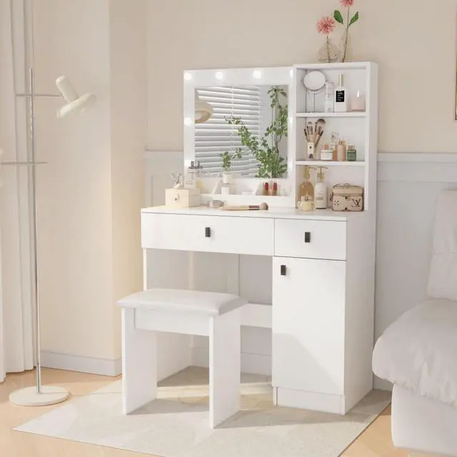 Alt view image 2 of 7 - Freestanding Vanity Desk Set with Drawers & Storage Shelves for Bedroom, Modern Makeup Vanity Table with Large Mirror and 3 Adjustable Brightness LED Bulbs for Girl's Gift, White (White2)