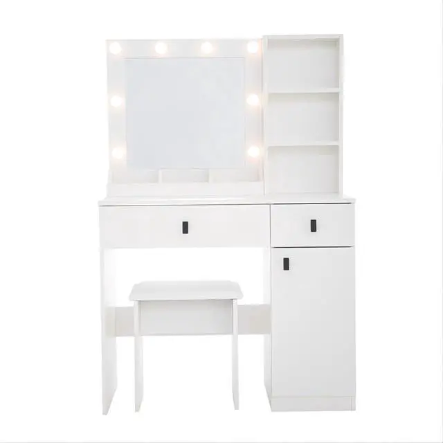 Alt view image 7 of 7 - Freestanding Vanity Desk Set with Drawers & Storage Shelves for Bedroom, Modern Makeup Vanity Table with Large Mirror and 3 Adjustable Brightness LED Bulbs for Girl's Gift, White (White2)