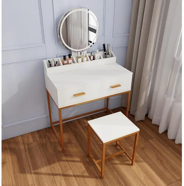 Main image of Freestanding Vanity Desk Set with Drawers & Storage Shelves for Bedroom, Modern Makeup Vanity Table with Large Mirror and 3 Adjustable Brightness LED Bulbs for Girl's Gift, White (White7)
