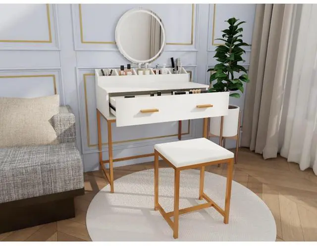 Alt view image 2 of 7 - Freestanding Vanity Desk Set with Drawers & Storage Shelves for Bedroom, Modern Makeup Vanity Table with Large Mirror and 3 Adjustable Brightness LED Bulbs for Girl's Gift, White (White7)