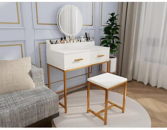 Alt view image 3 of 7 - Freestanding Vanity Desk Set with Drawers & Storage Shelves for Bedroom, Modern Makeup Vanity Table with Large Mirror and 3 Adjustable Brightness LED Bulbs for Girl's Gift, White (White7)