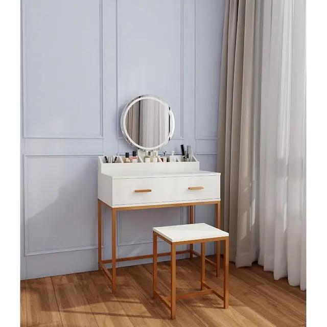 Alt view image 4 of 7 - Freestanding Vanity Desk Set with Drawers & Storage Shelves for Bedroom, Modern Makeup Vanity Table with Large Mirror and 3 Adjustable Brightness LED Bulbs for Girl's Gift, White (White7)